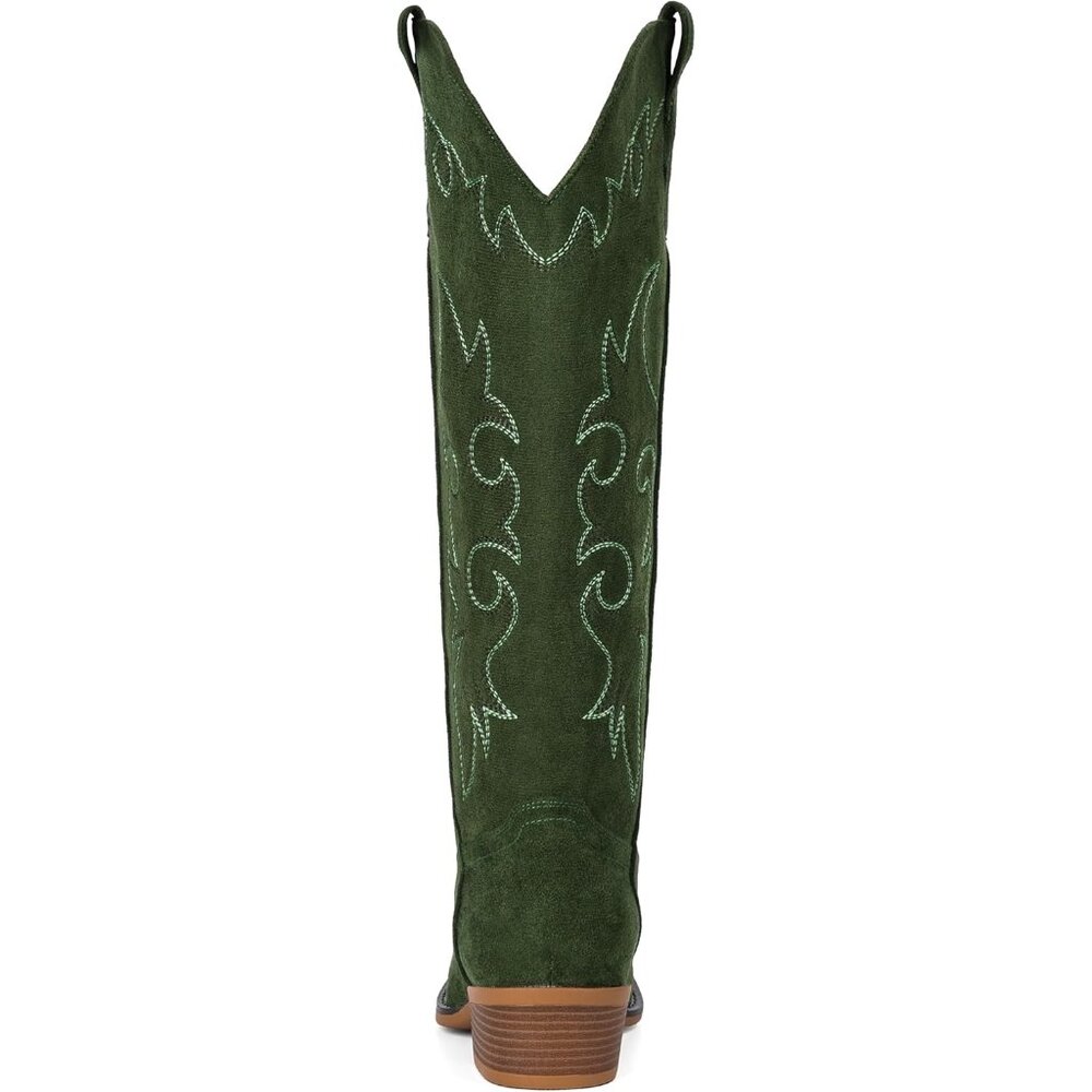 Women's Green Western Suede Cowboy Knee High Pointed Toe Low Heel Classic - Picture 6 of 6